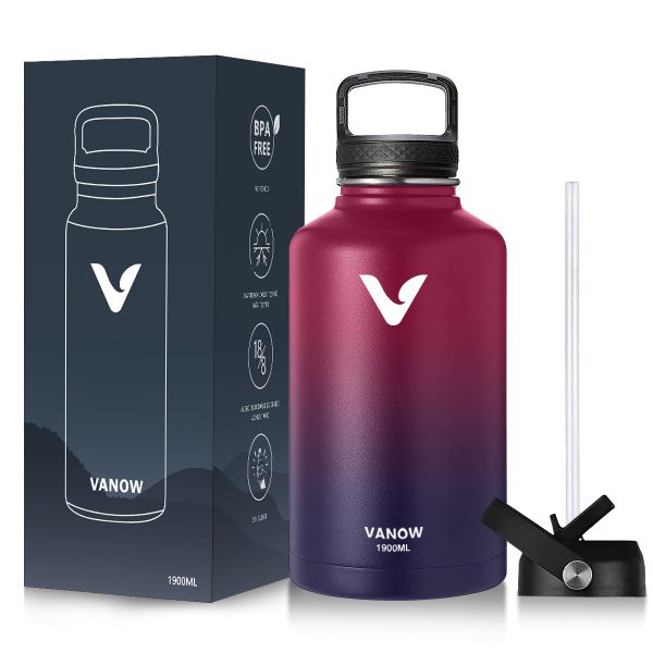 VANOW 1.9L Stainless Steel Double Wall Leak Proof Water Bottle with 2 lids
