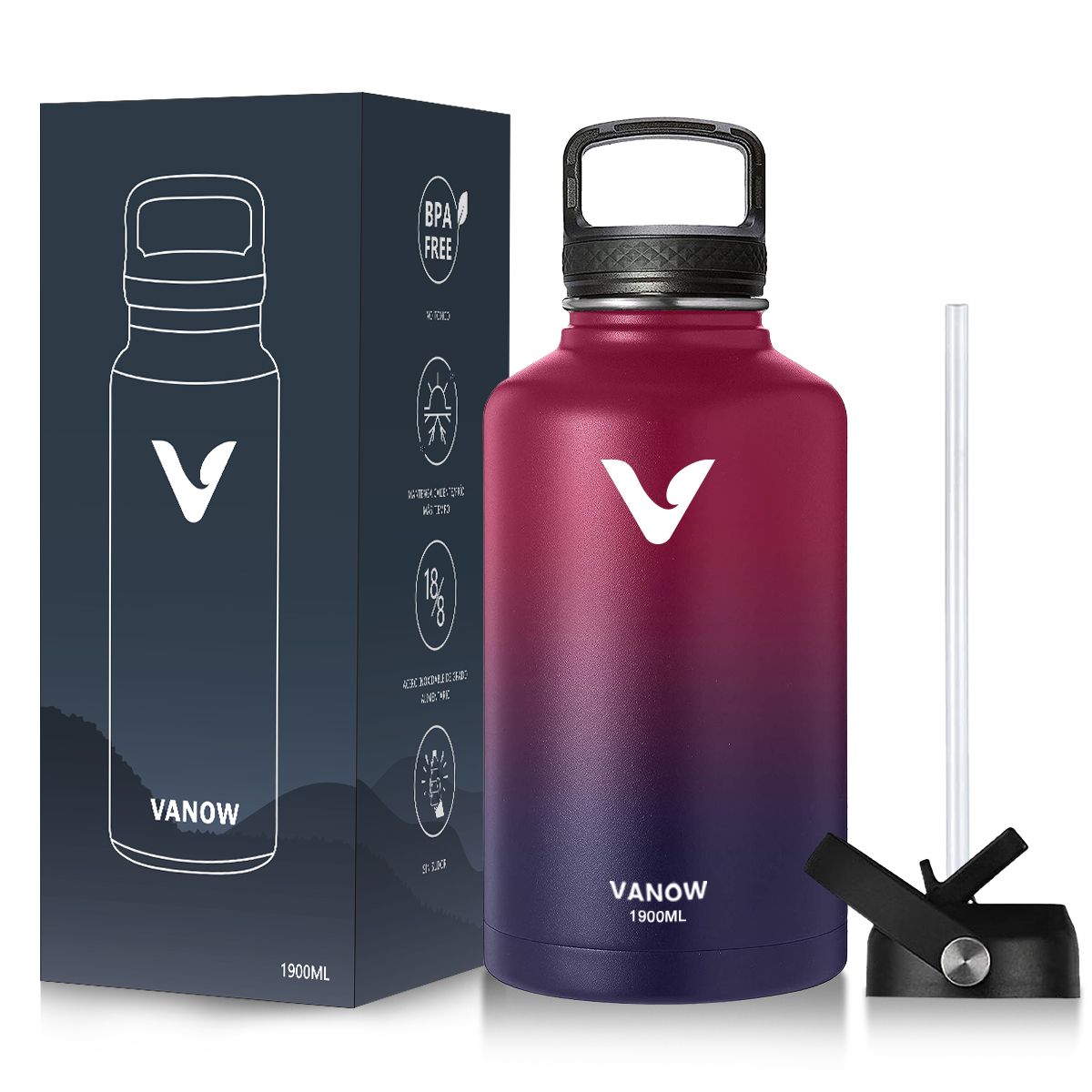 VANOW 1.9L Stainless Steel Double Wall Leak Proof Water Bottle
