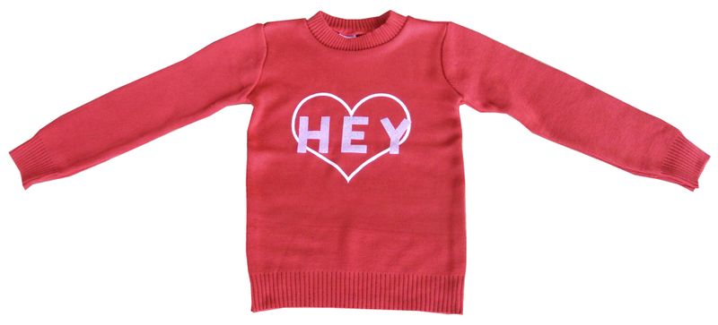 Children's Red Knitted with White Heart Graphic and "HEY" Text Sweater