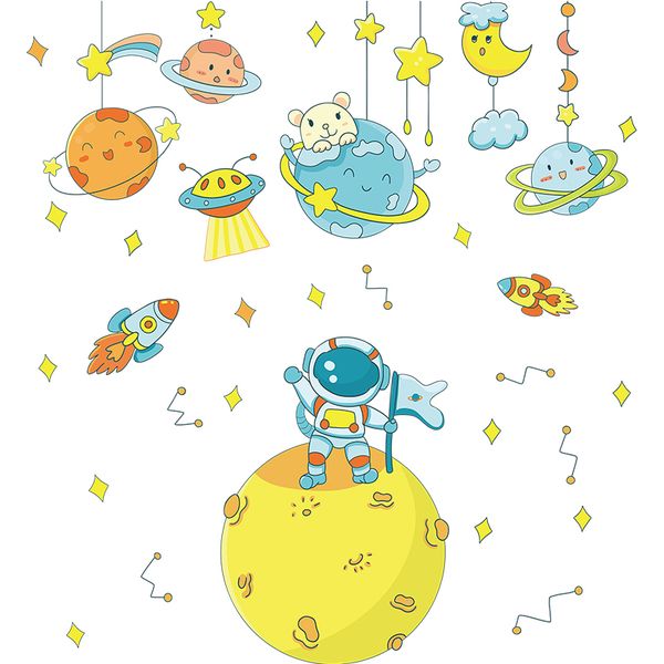 Comic Astronaut and Planet Kids Room Wall Art-Sticker-Decor