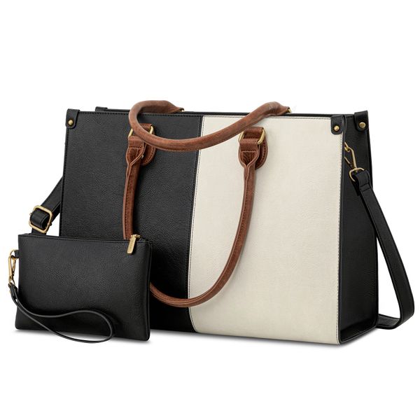 Ladies Elegant Leather Laptop Tote Bag with Detachable Pouch