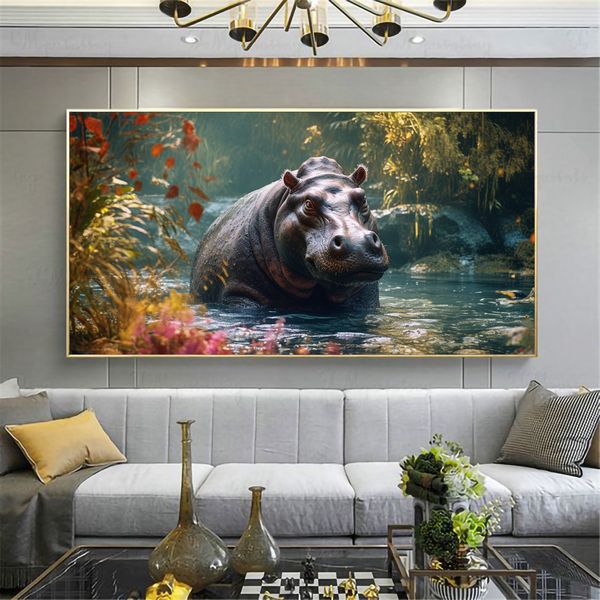 Canvas Wall Artwork - Jungle Majesty Hippo Abstract - 0608