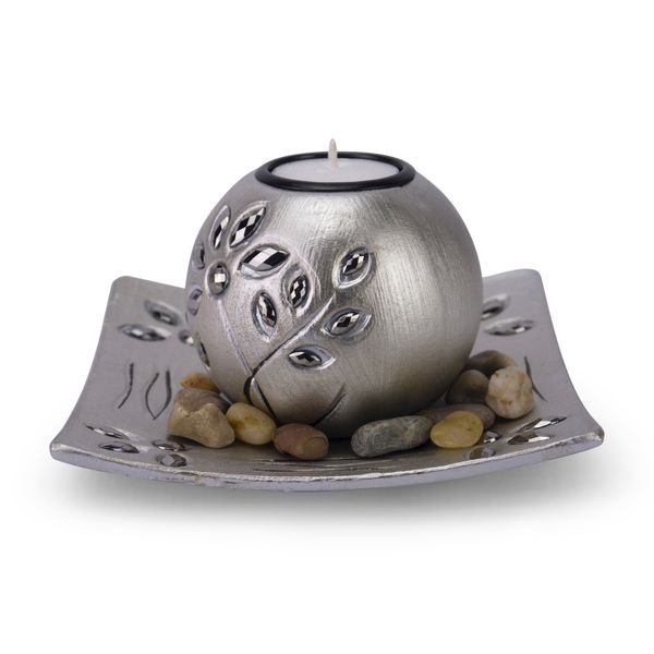 Spherical Candle Holder - Wooden - Silver - 3 piece