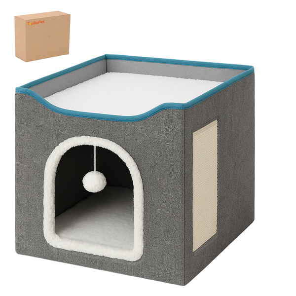 Topika - Foldable Cat Bed with Scratch Pad &amp; Toy, Cozy Indoor Cat House