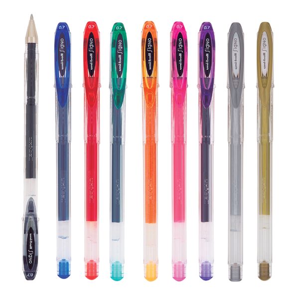 Uni Signo Gel Pens, UM120 (0.7mm), Assorted Colours, Pack of 9
