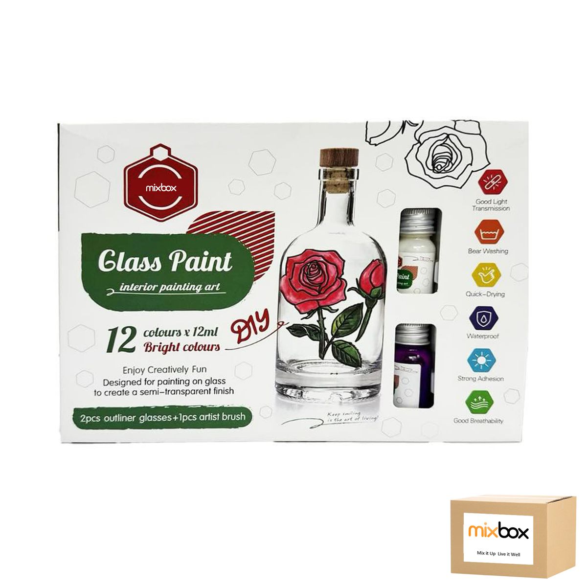 Mix Box Colorful Stain Glass Paint Kit, with 12 Colors x 12ml