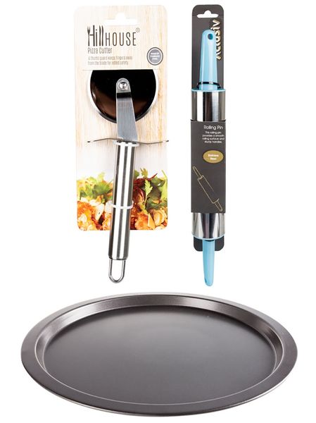 Non Stick Pizza Pan 30x2.5cm + Pizza Cutter + Rolling Pin 35cm + Black Canvas Oven Mitt