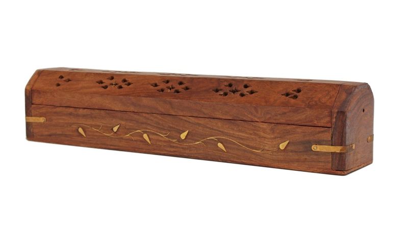 Handmade Wooden &amp; Brass incense sticks &amp; Cone Burner Coffin Box - Leaves