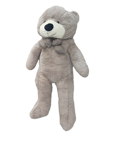 Large Stuffed Teddy Bear with Checkered Bow - 160cm - Greyish Brown