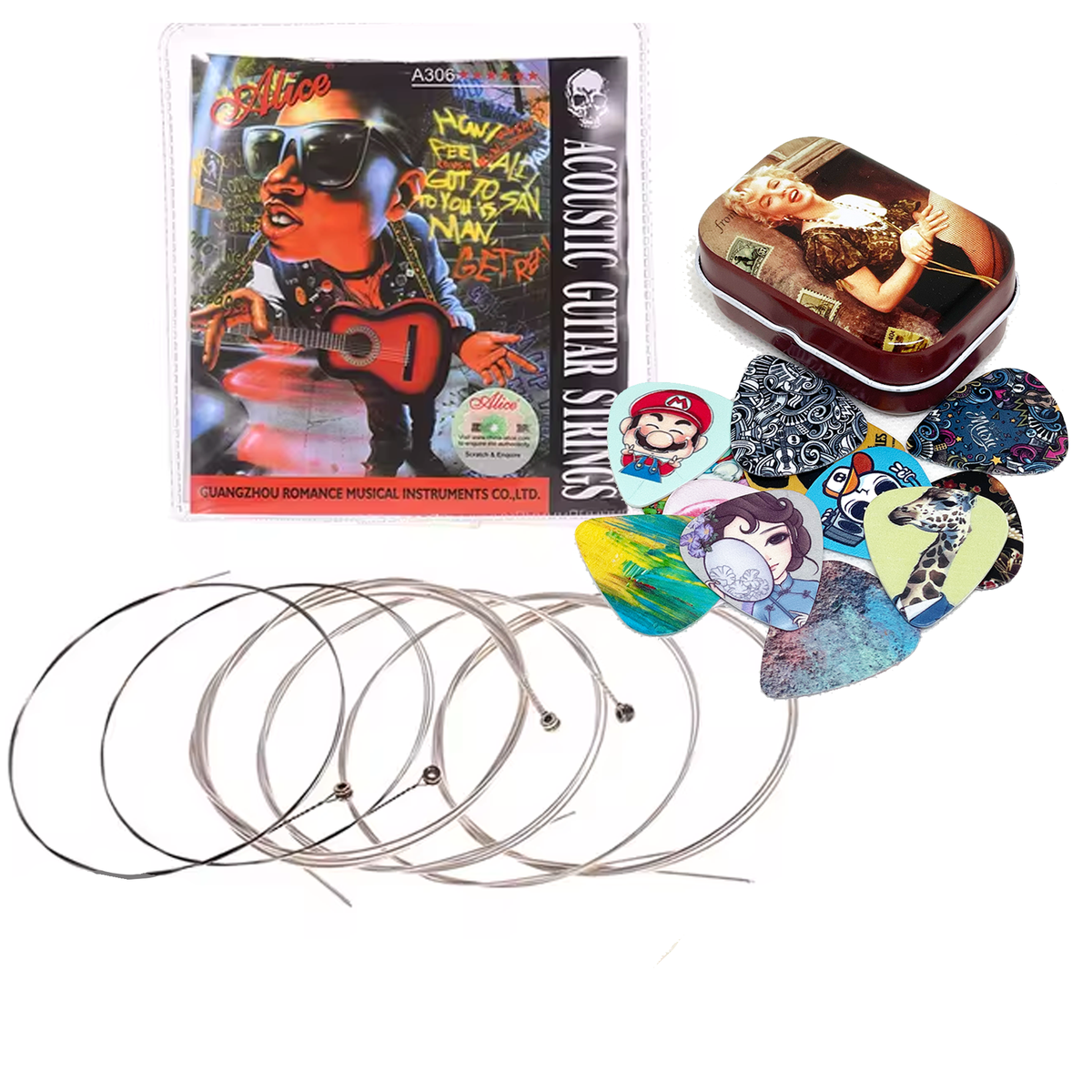 Acoustic Guitar Strings (Set of 6 Strings) + Guitar Pick Tin (12 Picks)