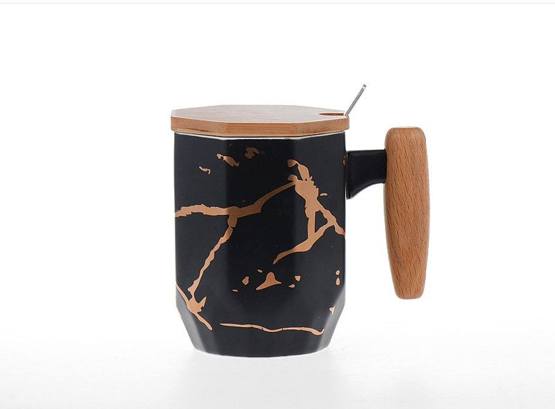 Luxury Marble Print Ceramic Mug with Wooden Lid And Stirring Spoon