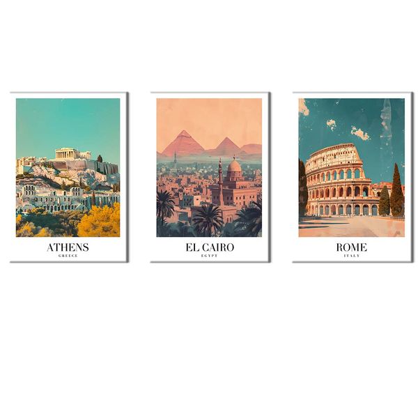 Canvas-Art-3 Pieces Vintage Rome, El Cairo &amp; Athens Travel Wall Art