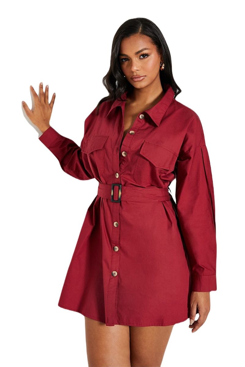 I Saw It First Ladies Burgundy Drop Shoulder Belted Oversized Shirt