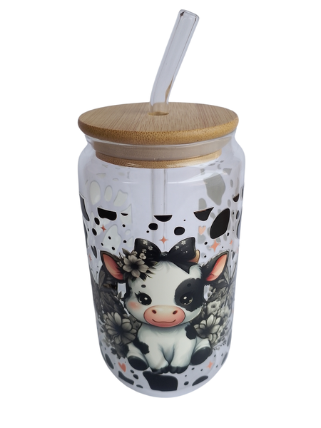 480ml Cow Pattern Glass Cup with Bamboo Lid and Glass Straw