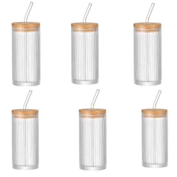 Glass Cup Set with Bamboo Lids &amp; Straws - Transparent - 380ml - 6 Piece