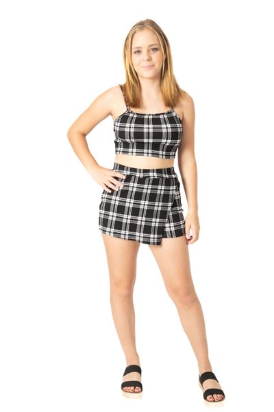 Women Black and White Polyester Camisole Top and Wrap Skirt Set