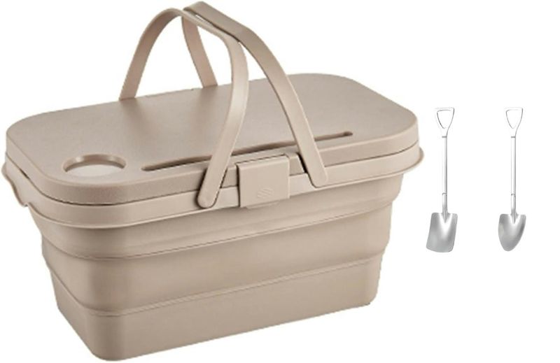 Collapsible or Foldable Picnic Basket with lid and 2 unique dessert spoons