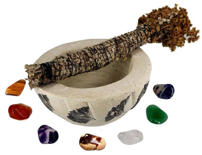 Patterned Cement Smudge Bowl, Imphepo Smudge Wand &amp; 7Chakra stones - Grey