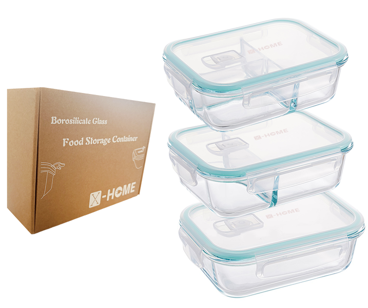 X-HOME 1520ml Large Glass Food Storage Containers-Split Compartments-3 Pack