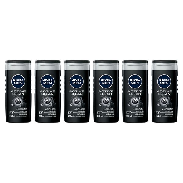 NIVEA MEN Active Clean 3in1 Shower Gel Wash with Active Charcoal, 6x250ml