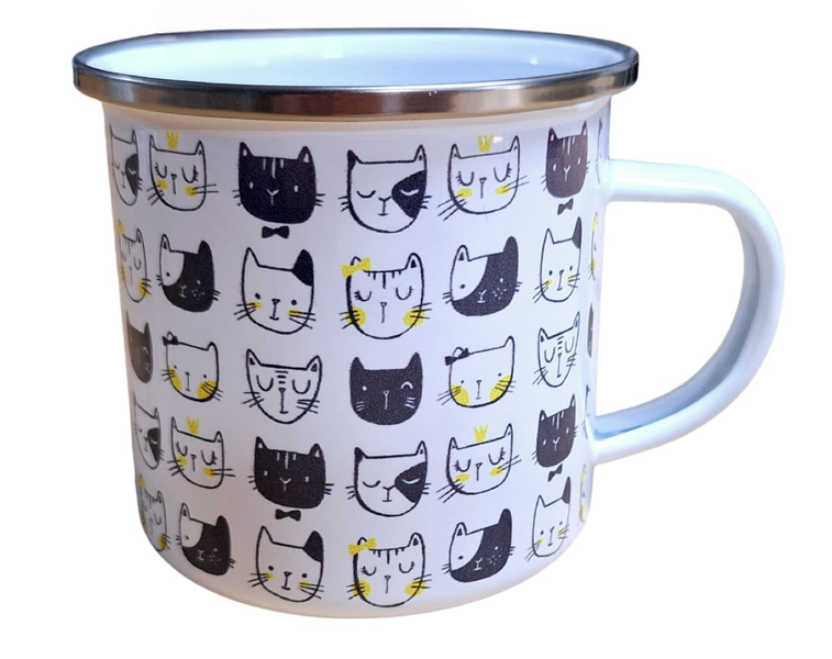 Beautiful Enamel Mug - Cute Cat Faces Black, White &amp; Yellow