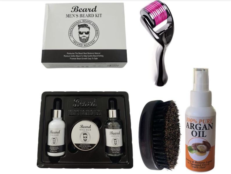 Men 3 Piece Beard Set, Beard Brush, Derma Roller &amp; Argan Oil