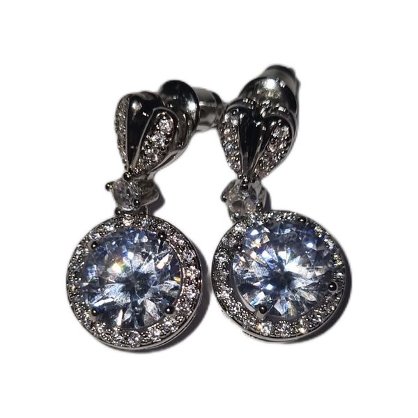Diamante Cubic Zirconia Earrings Round Drop- Silver