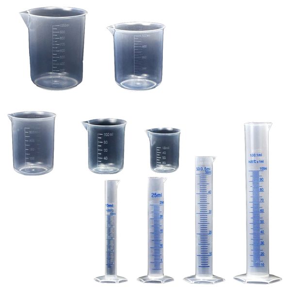 Tool Plastic Beakers &amp; Hexagon Cylinder For DIY Science Or Cooking Set Of 9