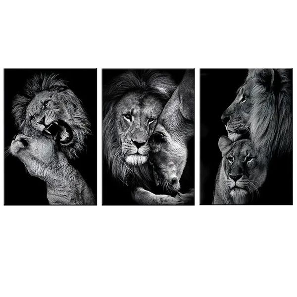 Canvas-Art-3 Pieces Black &amp; White Lion &amp; Baby Lion Abstract Wall Art
