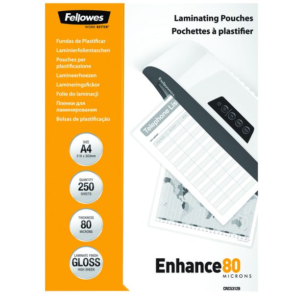Fellowes A4 80micron Gloss Laminating Pouches Value Pack (250 Sheets)