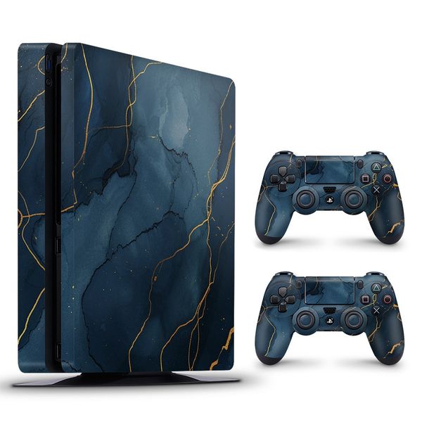 Decal Skin Compatible with PS4 Slim - Dark Blue Marble Gold Veins (Decal Only)