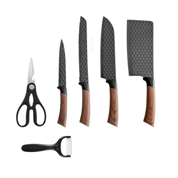 6 Piece Knife Set With Kitchen Scissors &amp; Peeler - Black &amp; Brown