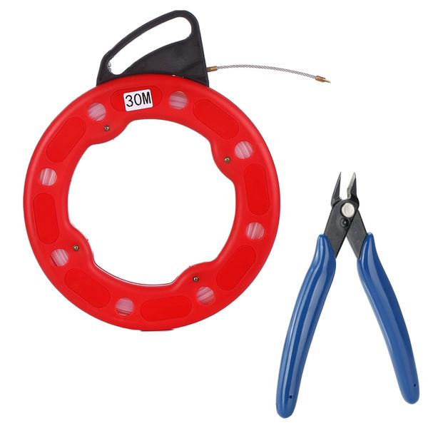 30M Fiberglass Wire Fish Tape Reel Puller Electrical Cable &amp; Diagonal Plier