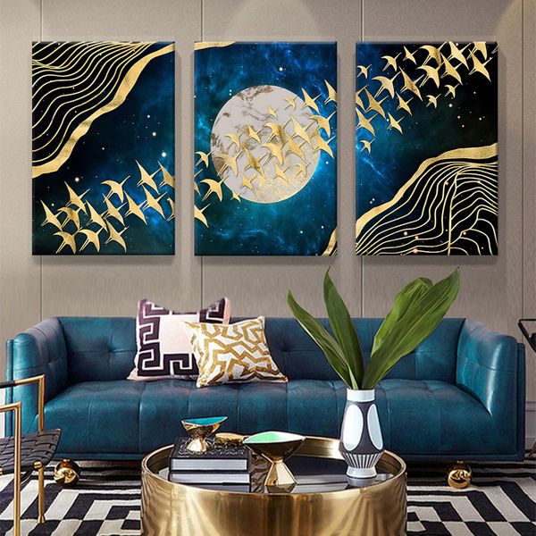 Abstract 3-Piece Moon Birds Fly Canvas Print Wall Art Decor