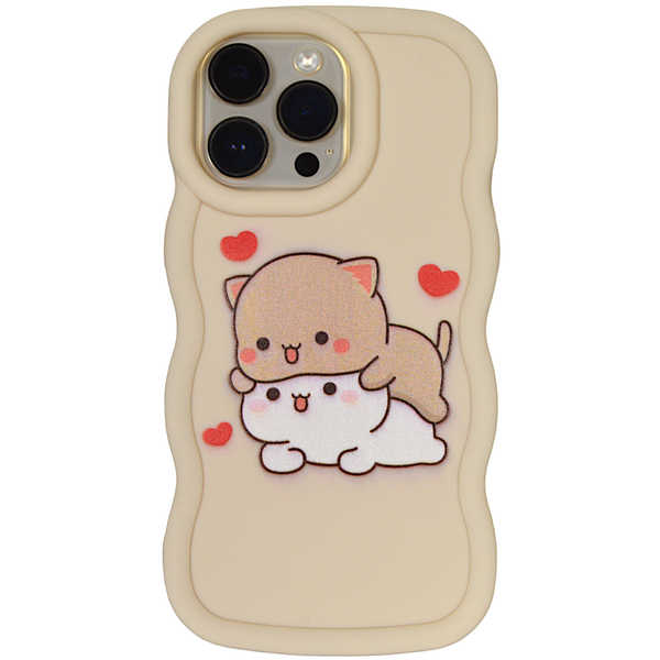 Beige - Phone Case with Playfull Kats &amp; Wavy Edge - Iphone 14 Pro Max