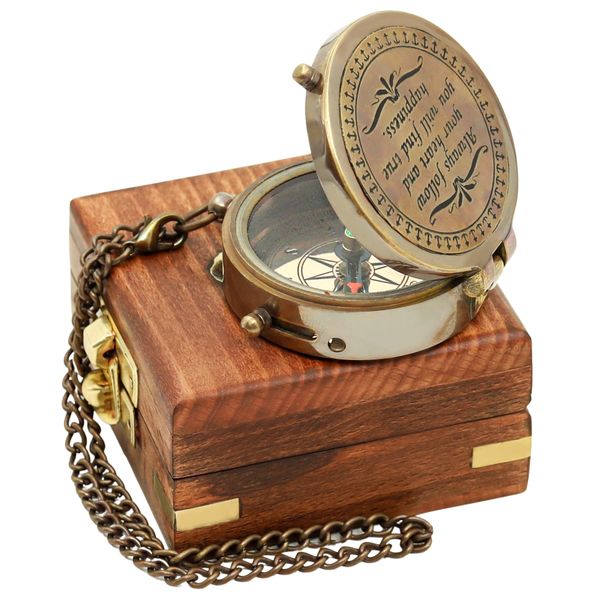 Antique Pocket Engraved Compass Brass Nautical Collectible with Wooden Box