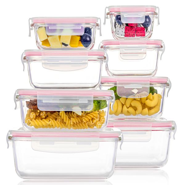 8 Pack Glass Food Storage Containers with Airtight Lids - Pink