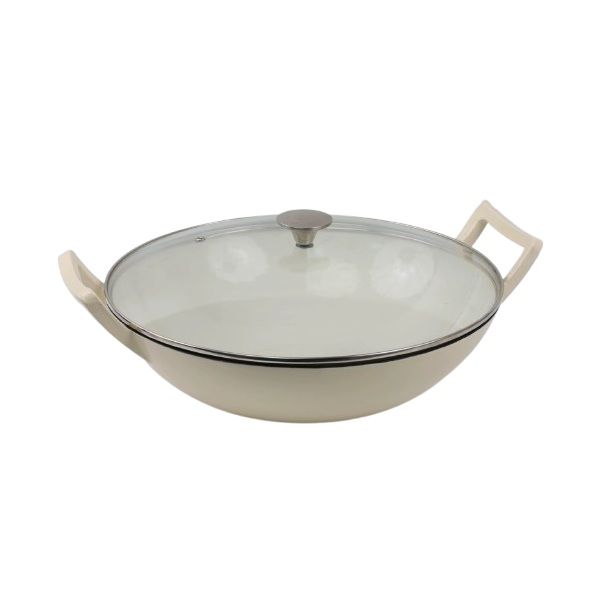36cm Cream Wok with Glass Lid