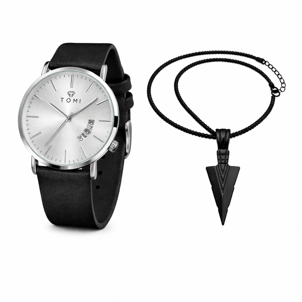 Tomi Men's Ultra Slim Watch &amp; Arrowhead Pendant Set