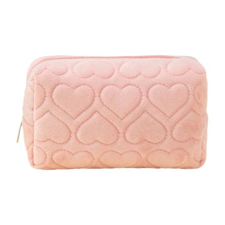 Portable Plush Heart Patterned Cosmetic Makeup Bag - Pink Image