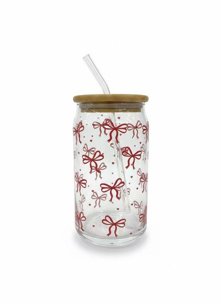 Ribbed Bow Can-Shaped Glass Cup with Bamboo Lid and Glass Straw