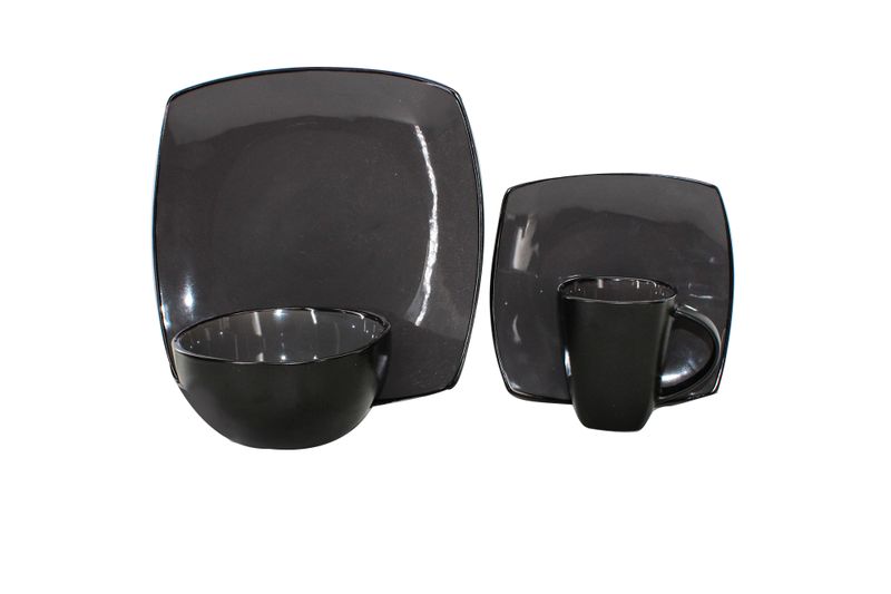 Ceramic 16Pcs Rounded Squares Dinnerware Set - Dark Grey with Black Trim