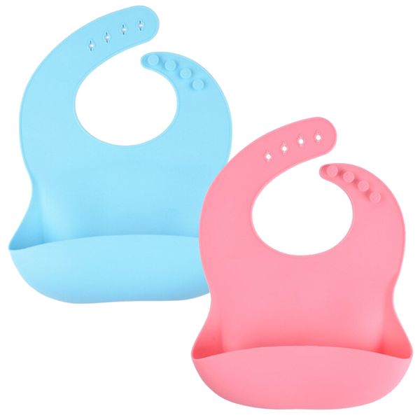 Baby Feeding Waterproof Silicone Bpa Free Adjustable Bibs Blue/ Pink 2 Set