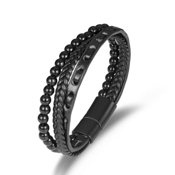 Black Stone Leather Bracelet for Men Magnetic Clasp Braided Style