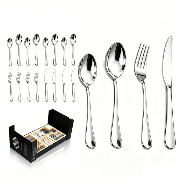 24Piece Stainless Steel Cutlery Set,Mirror Polished Knives,Forks,Spoons Set