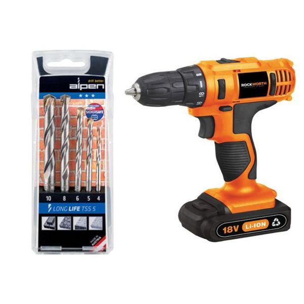 Rockworth - Cordless Drill Combo with Alpen 5 Piece Masonry Drill Bit Set