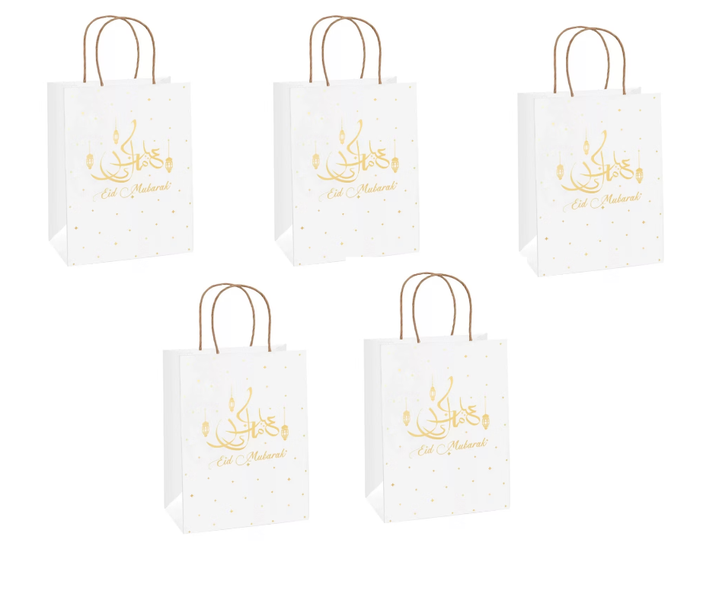5PK Eid Mubarak Gift Bag Paper White &amp; Gold Foil Print Design Handle