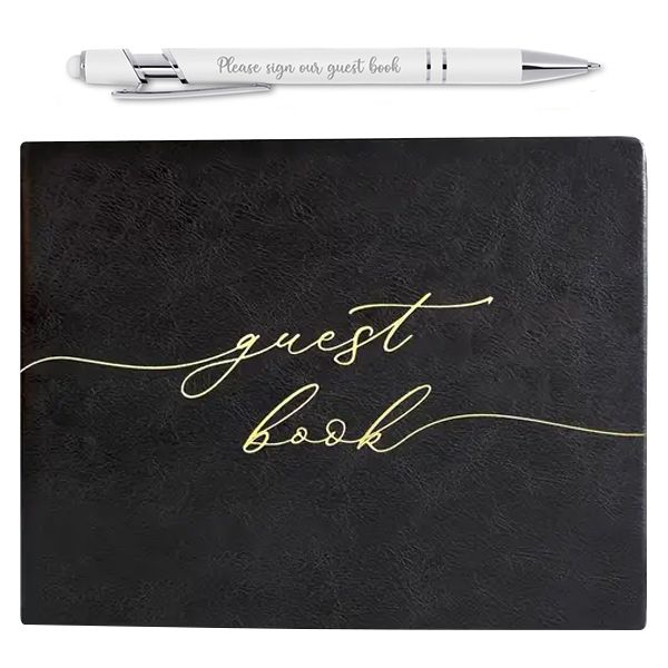 Black and Gold Foiled Leatherette Guest Book and Pen Set
