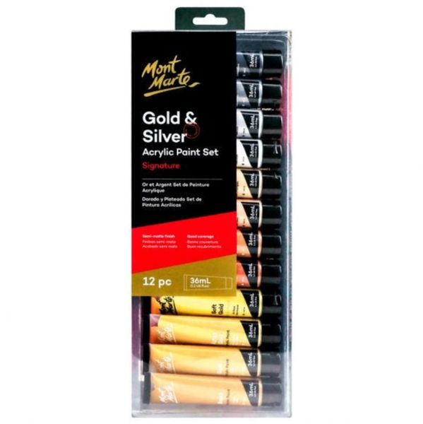 Mont Marte Gold and Silver Acrylic Paint Set 12pc x 36ml