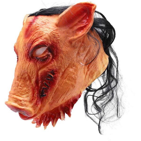 Halloween Scary Masks Novelty Pig Head Horror with Hair Cosplay
